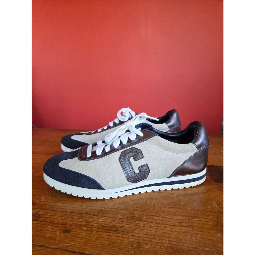 Coach lan Mirror Metallic Suede Leather Lace Up Sneakers Size 8B Navy Blue Gray
